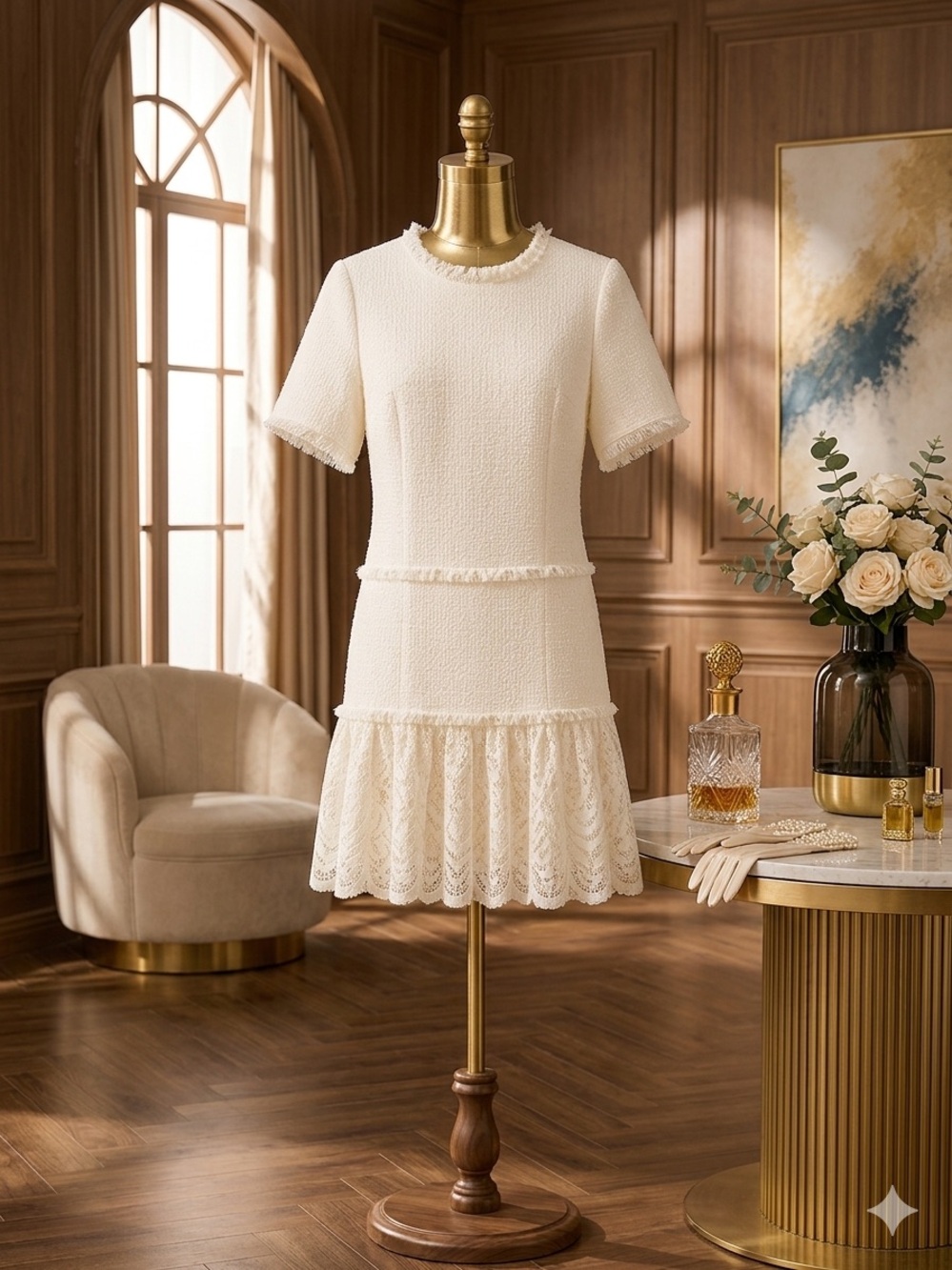Elegant Cream Crochet Short-Sleeve Lace Hem Dress